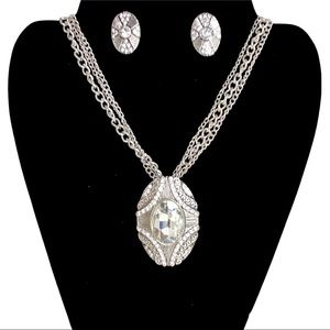 Huge Faceted Clear Rhinestone Multi Silver Chain Necklace & Earring Matching Set